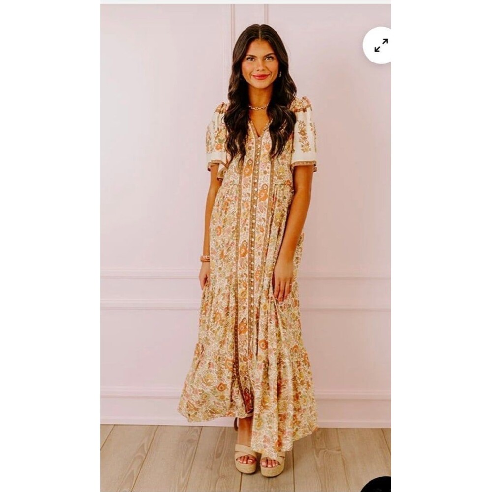 In Loom Boho Floral Midi Dress Cottage Core Dress Prarie Soho Beige Multi Sz S